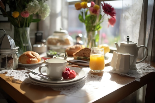 Table de petit déjeuner avec pâtisseries et thé