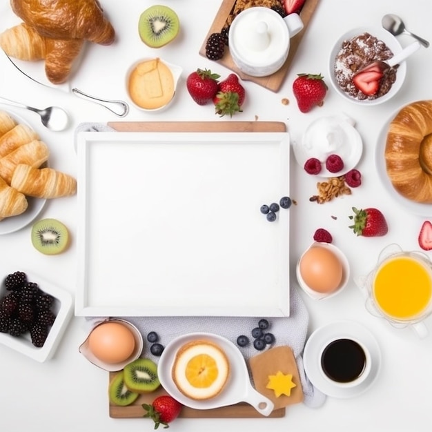 Photo une table de petit-déjeuner avec un plateau de produits pour le petit-déjeuner