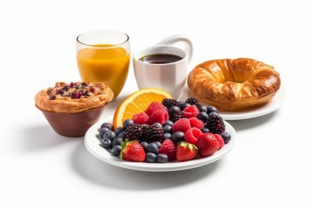 Une table de petit-déjeuner avec une tasse de jus d'orange et un muffin
