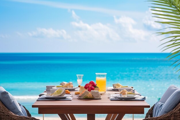 Table de petit déjeuner tropicale de luxe au bord de la mer AI générative