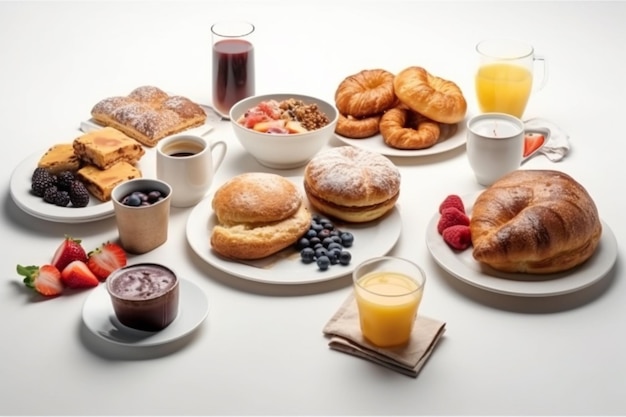 Une table de petit-déjeuner avec une variété d'aliments pour le petit-déjeuner, notamment des croissants, du café et du jus d'orange.