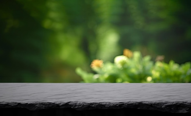 Table en pierre noire vide et fond de jardin flou Photo de haute qualité