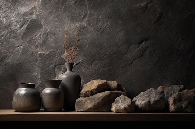 Une table avec des pierres et des vases dessus et une pierre sur le mur.