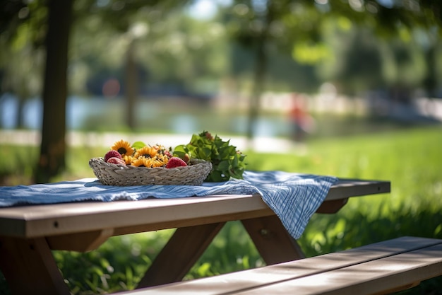 Table de pique-nique dans un parc avec un bol de fruits et légumes dessus