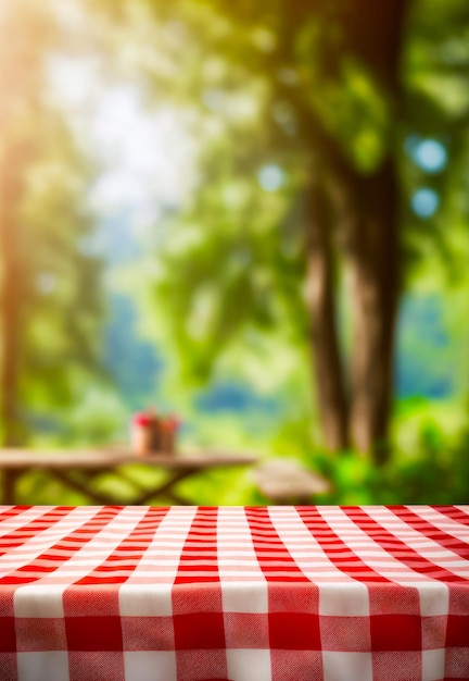 Table de pique-nique avec nappe à carreaux rouges et blancs dessus Generative AI