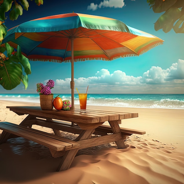 Une table de pique-nique avec un parasol sur la plage.