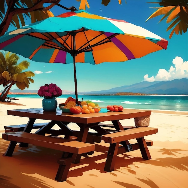 une table de pique-nique sur une plage avec un parasol et une corbeille de fruits sur la table de pique-nique à l'ombre