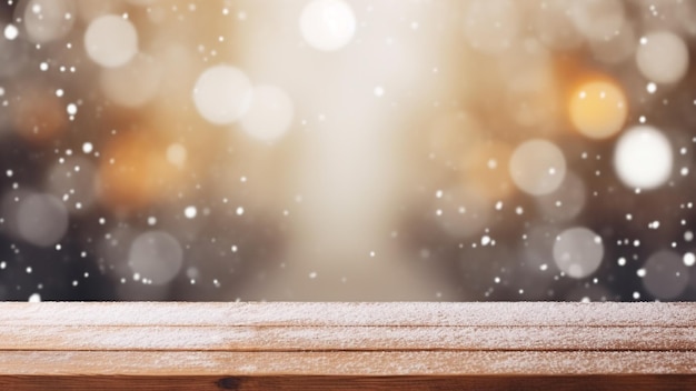 table de planche de bois vide avec fond flou de chute de neige pour les vacances de Noël et le nouvel an