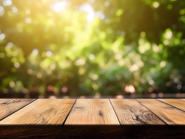 Table de plancher de texture bois pour l'affichage du produit sur fond de nature arbre vert flou