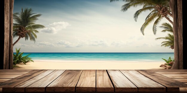 Photo une table de planches de bois vides avec une plage tropicale en arrière-plan peut être utilisée pour l'affichage sur le podium