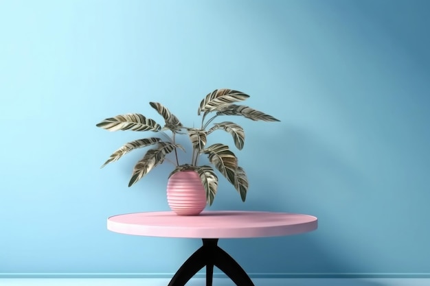 Table avec plante dans un vase sur fond de mur bleu Generative AI