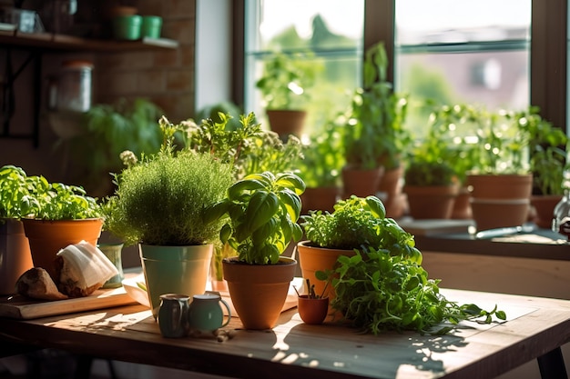 Une table avec des plantes dessus et une fenêtre derrière