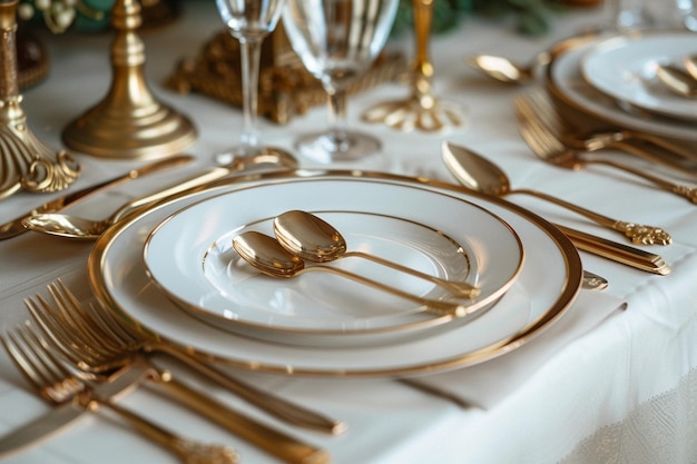 Photo une table avec des plaques d'or et de l'argent dessus