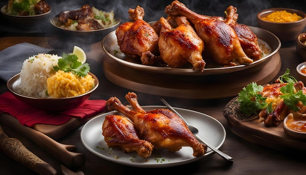 une table avec un plat de poulet et de riz et un plat de riz