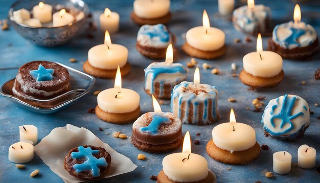 une table avec un plateau de biscuits avec des bougies qui disent étoile bleue sur elle