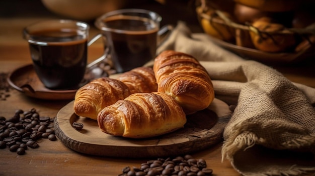 Une table avec un plateau de café et des croissants