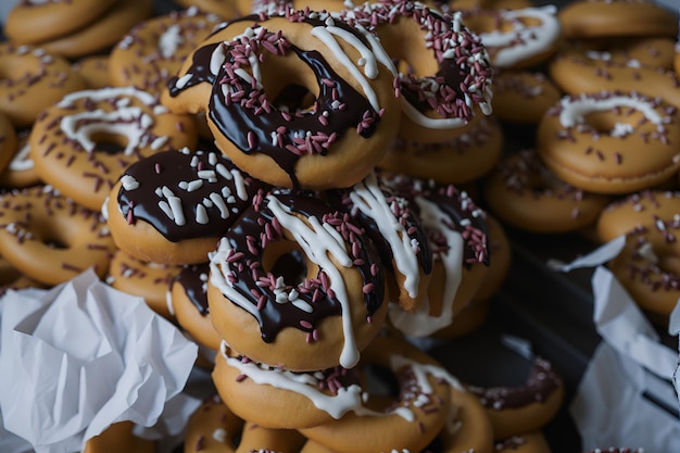 Une table pleine de beignets délicieux avec des garnitures variées et un look irrésistible généré par l'IA