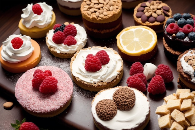 Une table pleine de biscuits avec différentes garnitures, notamment des framboises et des citrons.