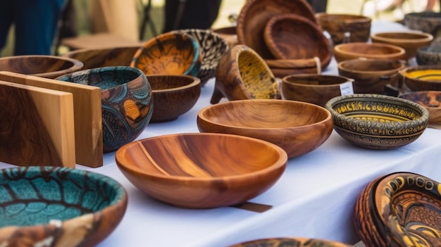 Une table pleine de bols en bois et d'autres objets dont un bol de thé.