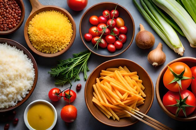 Photo une table pleine de bols de légumes, y compris des tomates, des oignons et des oigles.