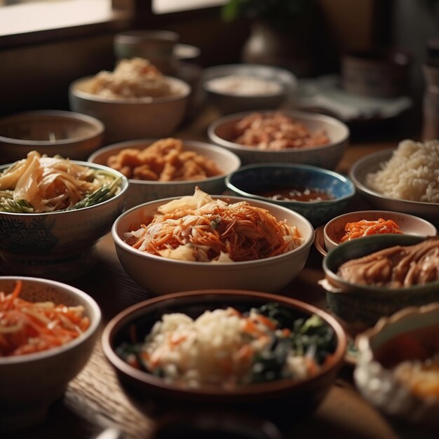 Une table pleine de bols de nourriture, y compris du riz, du riz et d'autres aliments.