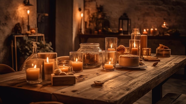 Une table pleine de bougies et de bougies avec une bougie au milieu