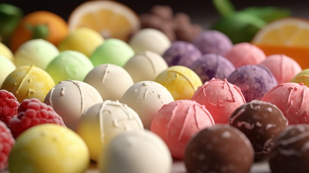 Une table pleine de boules de bonbons colorées
