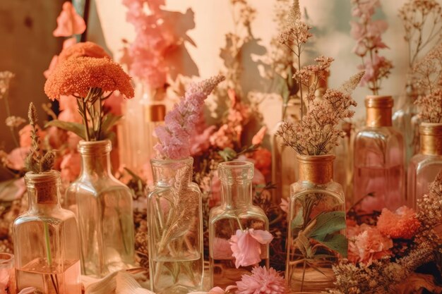 Une table pleine de bouteilles en verre avec des fleurs et une lettre dessus.