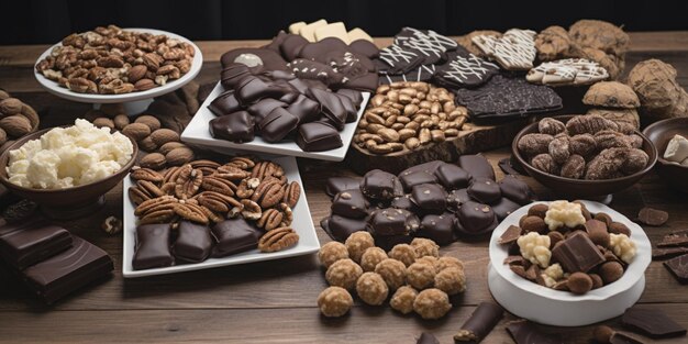 Une table pleine de chocolats assortis et de noix de pécan