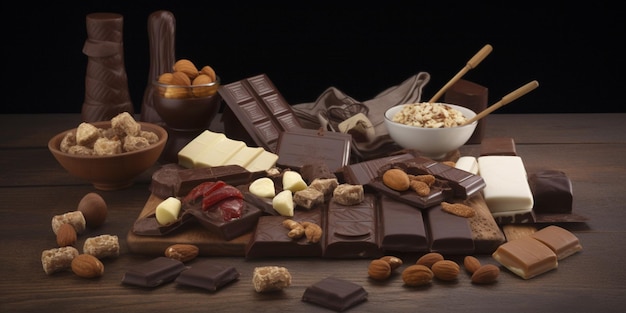 Une table pleine de chocolats et autres chocolats