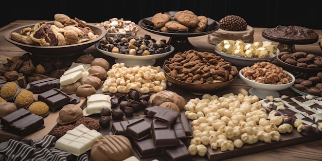 Une table pleine de chocolats et de biscuits avec des chocolats et des chocolats.