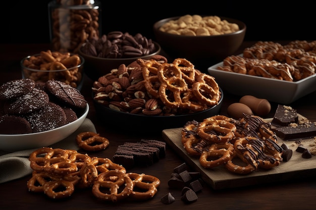 Une table pleine de chocolats et de bretzels avec des chocolats dessus