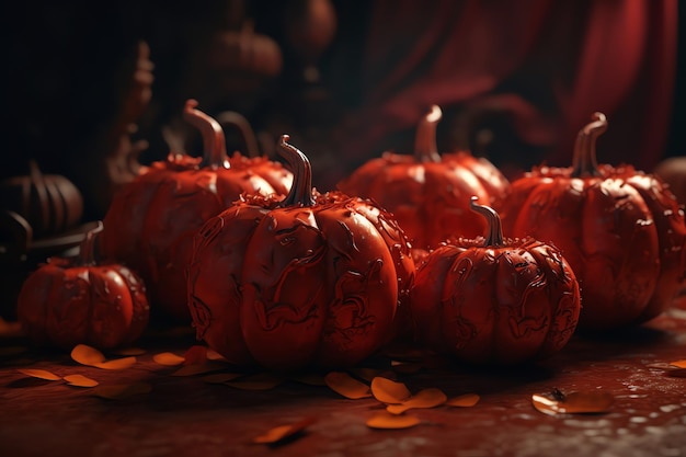 Une table pleine de citrouilles avec le mot halloween dessus