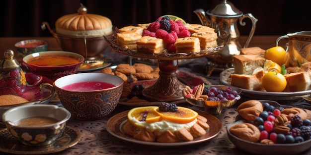 Une table pleine de desserts dont un dessert et une citrouille.