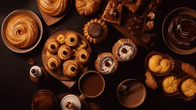 Une table pleine de différentes pâtisseries dont des muffins et du café.