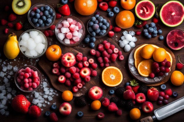 une table pleine de différents fruits, y compris des bleuets, des framboises et des oranges