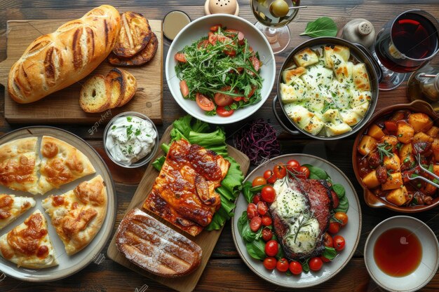 table pleine de différents ingrédients ou types d'aliments photographie alimentaire de publicité professionnelle