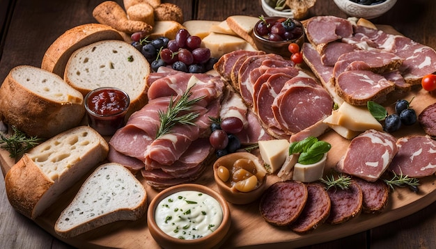 Photo une table pleine de différents types d'aliments, y compris du fromage au salami et du pain