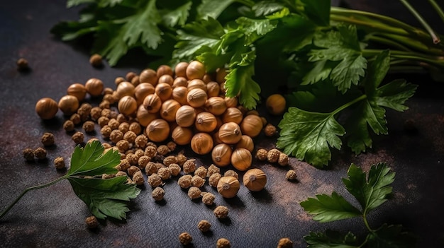 Une table pleine d'épices et un tas de pois chiches