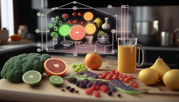 Photo une table pleine de fruits et légumes avec un verre de jus en arrière-plan.