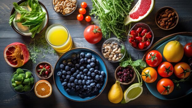 une table pleine de fruits et légumes, y compris des bleuets, des amandes et des citrons.