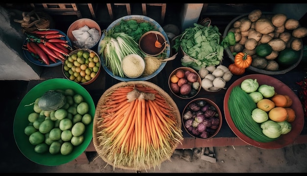 Une table pleine de fruits et légumes, y compris des carottes, des concombres et d'autres légumes.