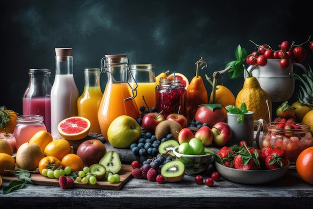 Une table pleine de fruits et légumes, y compris des fruits, des baies et une bouteille de jus.