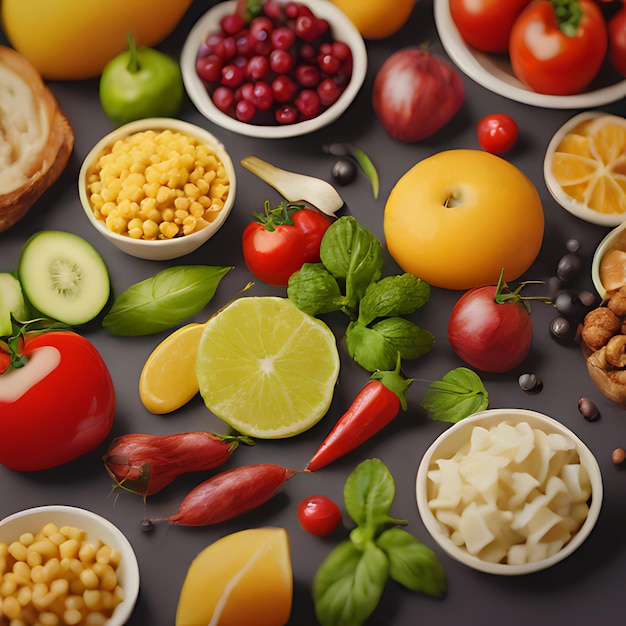 une table pleine de fruits, y compris des légumes, des fruits et des noix