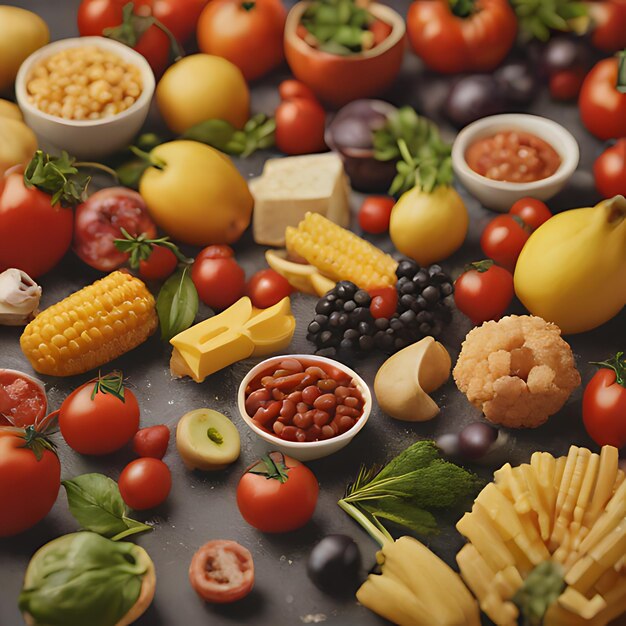 Photo une table pleine de fruits, y compris des tomates, du maïs et d'autres légumes