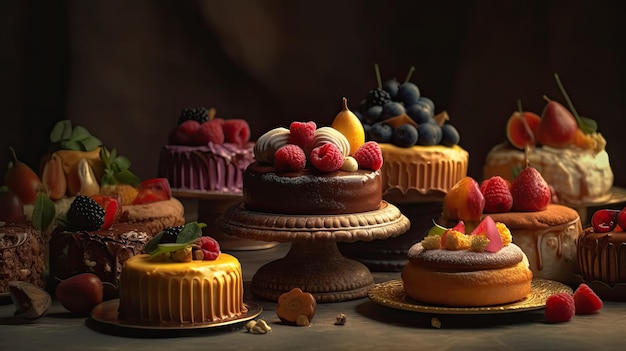 Une table pleine de gâteaux aux différentes saveurs de fruits et de chocolat.