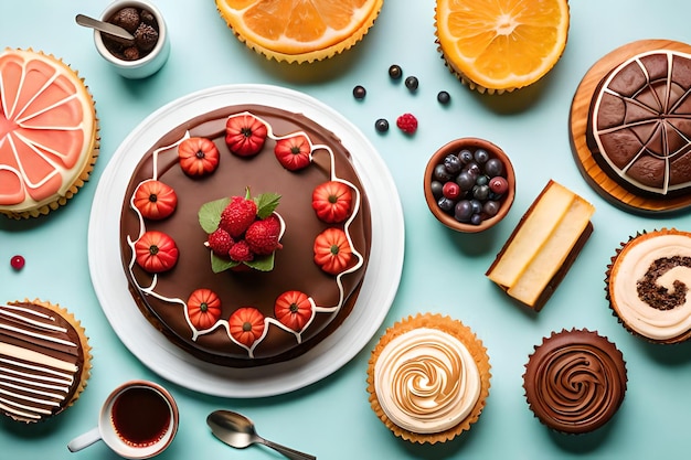 Une table pleine de gâteaux et cupcakes dont un gâteau aux fraises et myrtilles.