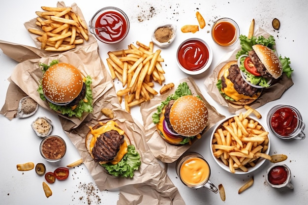 Une table pleine de hamburgers et de frites