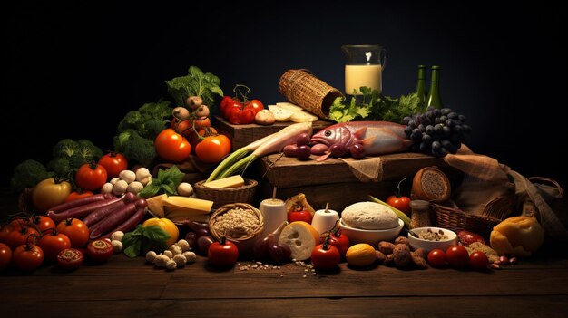 Photo une table pleine de légumes et une chandelle avec une chandelle en arrière-plan