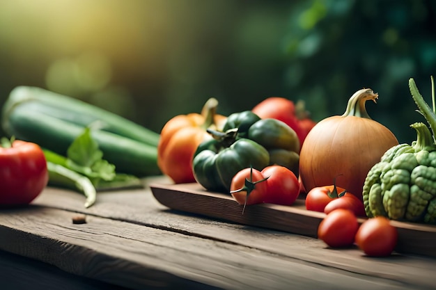 Une table pleine de légumes dont une citrouille, des courgettes et des oignons verts.